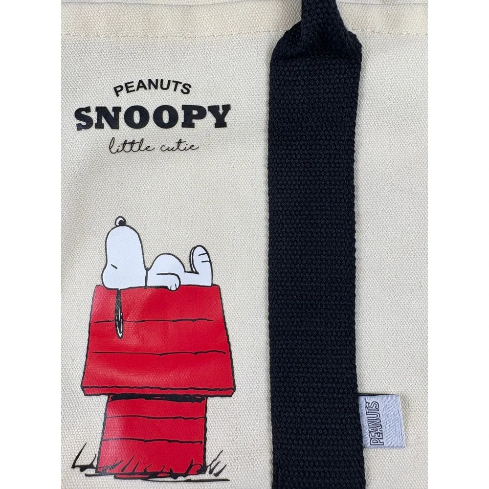 Peanuts Snoopy Little Cutie Canvas Tote Bag Cream Black Doghouse Graphic Small